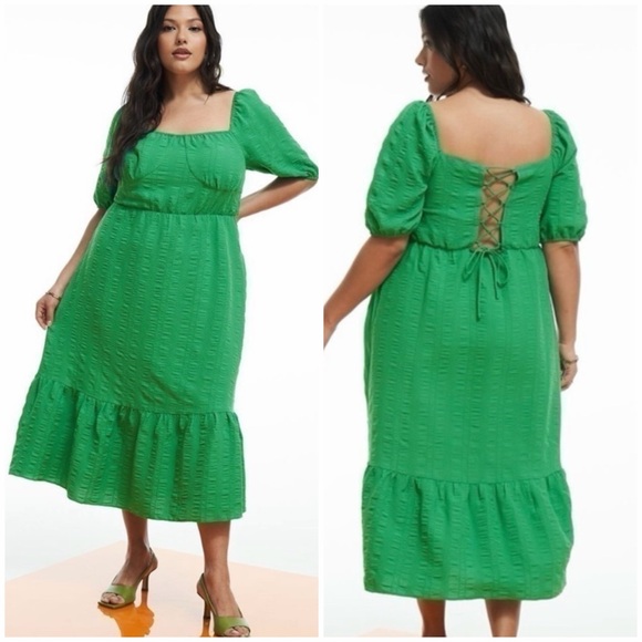 Addition Elle Dresses & Skirts - Addition Elle Green Maxi Tiered Lace-Up Peasant Dress Party Stretch size 3X